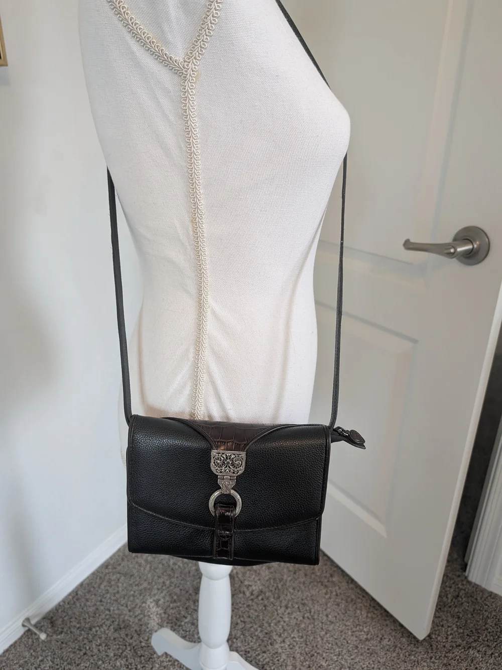 Brighton Black Pebbled Leather Crossbody with Silver Filigree Hardware